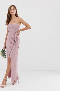 TFNC bridesmaid bandeau wrap maxi pleated dress pleated pink