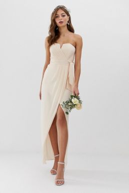 TFNC bridesmaid bandeau wrap maxi pleated dress pleated pink cream