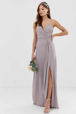 TFNC bridesmaid exclusive cami wrap maxi dress with fishtail in grey