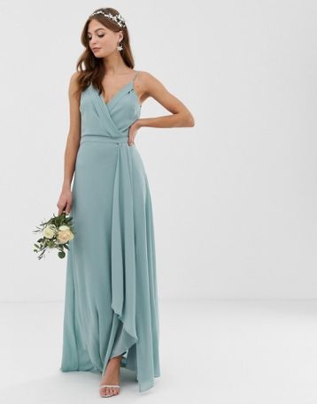 TFNC bridesmaid exclusive cami wrap maxi fishtail dress sage green