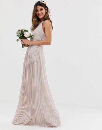 TFNC bridesmaid exclusive high neck pleated maxi dress in taupe