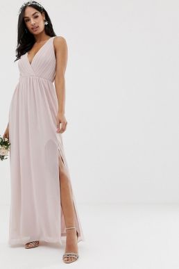TFNC pleated maxi bridesmaid dress with back detail taupe