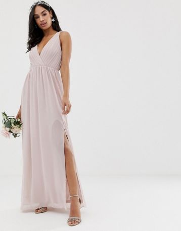 TFNC pleated maxi bridesmaid dress with back detail taupe