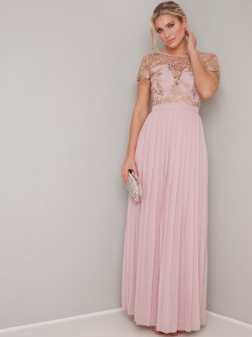 Chi Chi Adriana Floral Embroidered Pleated Maxi Dress Pink Blush
