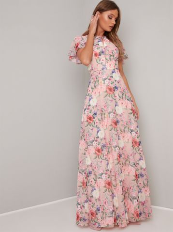 Chi Chi Freida Floral Frill Maxi Dress Pink Multi