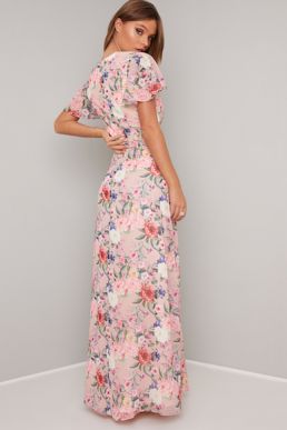 Chi Chi Freida Floral Frill Maxi Dress Pink Multi