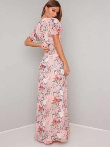 Chi Chi Freida Floral Frill Maxi Dress Pink Multi