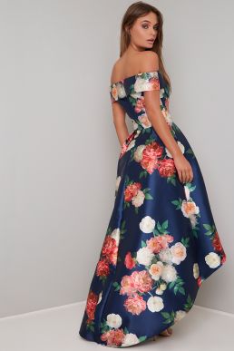 Chi Chi Kerris Floral Bardot High Low Dress Blue Multi