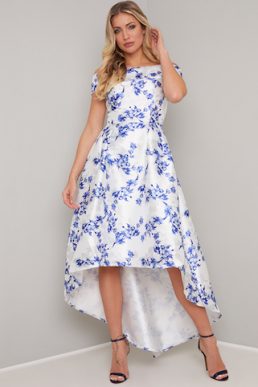 Chi Chi Simone Floral Bardot High Low Dress Blue White