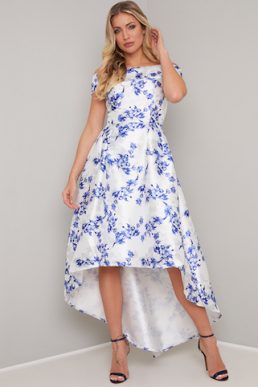 Chi Chi Simone Floral Bardot High Low Dress Blue White