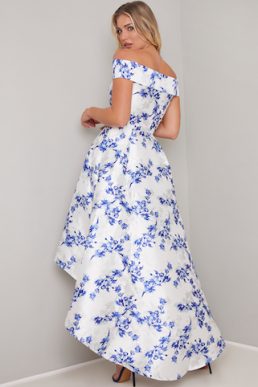 Chi Chi Simone Floral Bardot High Low Dress Blue White