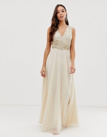 ASOS DESIGN Bridesmaid maxi dress pearl and sequin embellished bodice Champagne