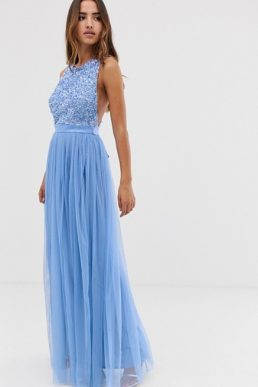 Maya delicate sequin bodice maxi dress with cross back bow, powder blue