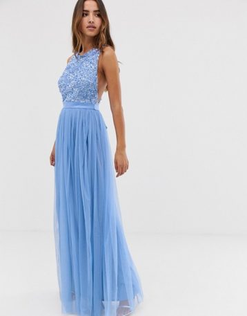 Maya delicate sequin bodice maxi dress with cross back bow, powder blue