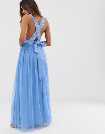 Maya delicate sequin bodice maxi dress with cross back bow, powder blue - Image 2
