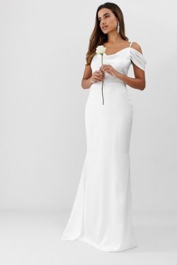 Missguided off the shoulder fishtail maxi wedding dress white