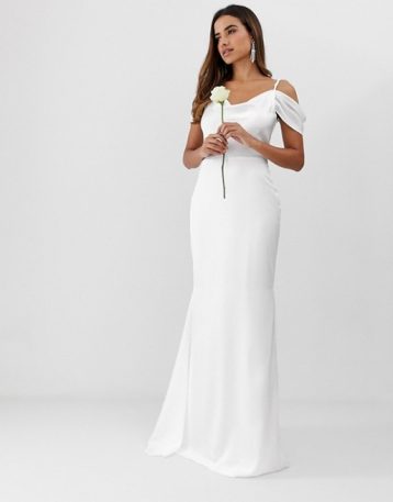 Missguided off the shoulder fishtail maxi wedding dress white