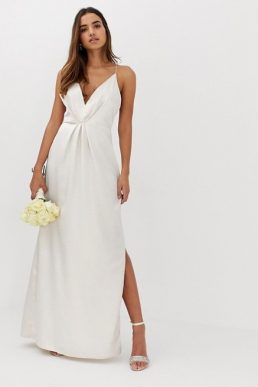 Missguided plunge cross back maxi wedding dress cream