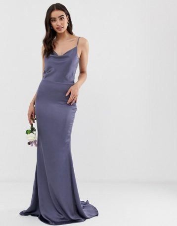 Missguided satin cowl neck maxi bridesmaid dress blue purple