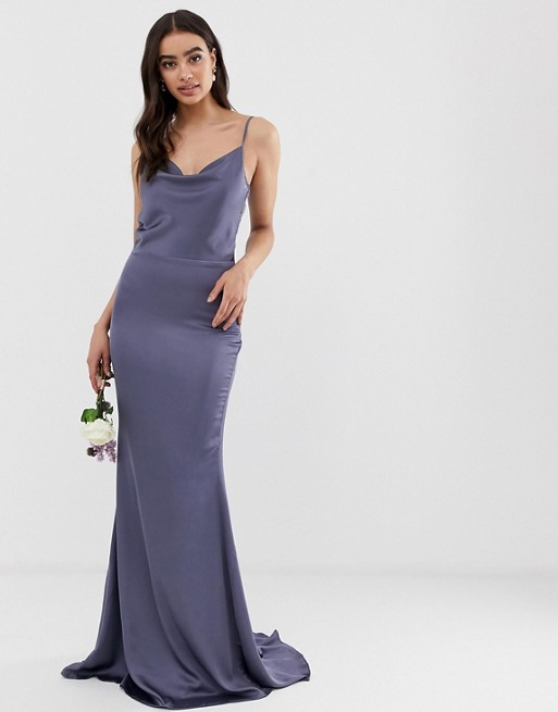 Missguided satin cowl neck maxi bridesmaid dress, blue/purple 