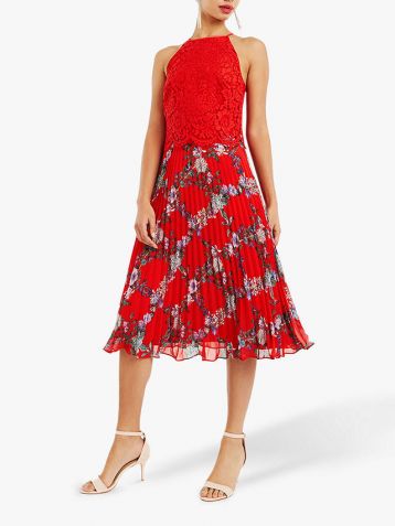 Oasis Bloom Floral Pleated Midi Dress, Red/Multi - Image 2