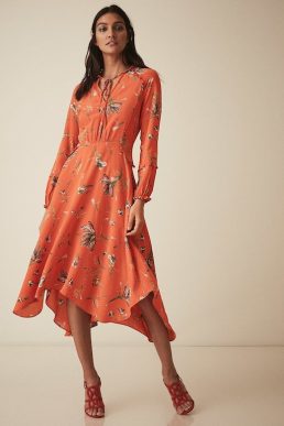 Reiss Bay Floral Midi Sleeve Dress Coral Orange