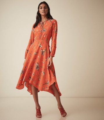 Reiss Bay Floral Midi Sleeve Dress Coral Orange