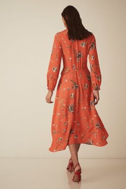 Reiss Bay Floral Midi Sleeve Dress Coral Orange