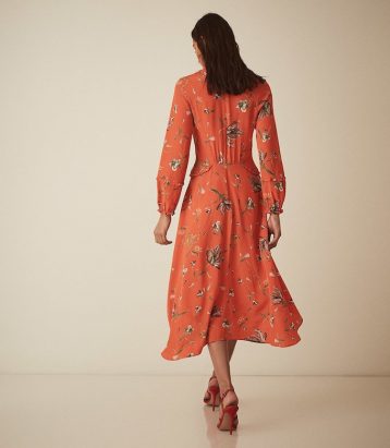 Reiss Bay Floral Midi Sleeve Dress Coral Orange