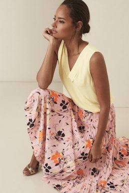 Reiss Andi Floral Pleated Midi Skirt Pink Multi