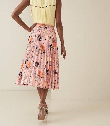 Reiss Andi Floral Pleated Midi Skirt Pink Multi