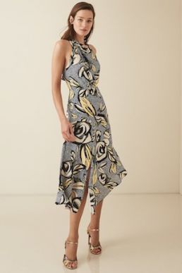 Reiss Rose Floral Printed Midi Dress Blue Grey
