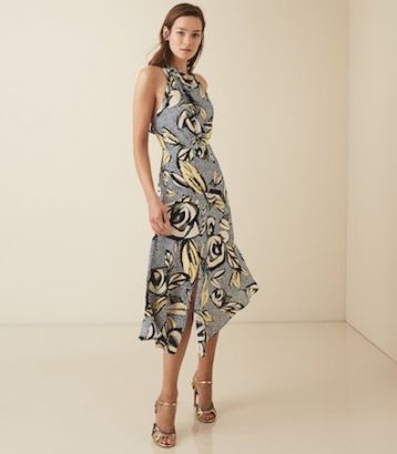 Reiss Rose Floral Printed Midi Dress Blue Grey