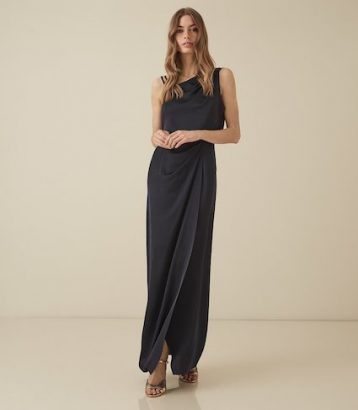 Reiss Ostia One Shoulder Satin Maxi Dress Navy Blue