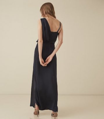 Reiss Ostia One Shoulder Satin Maxi Dress Navy Blue