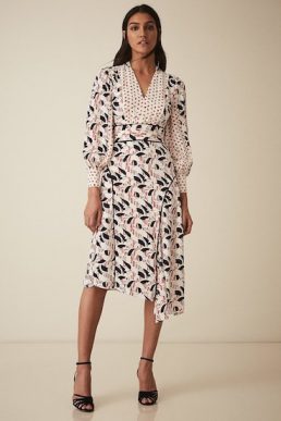 Reiss Emmi Printed Midi Dress With Side Split Multi White Cream