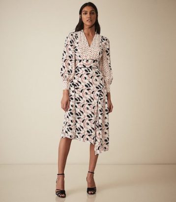 Reiss Emmi Printed Midi Dress With Side Split Multi White Cream