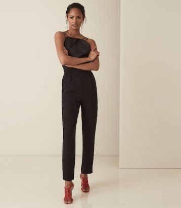 Reiss Rosalie Strappy Cross Back Jumpsuit Black