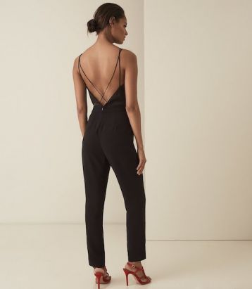 Reiss Rosalie Strappy Cross Back Jumpsuit Black