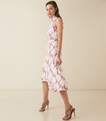 Reiss Doriana swirl printed high neck midi dress print pink white