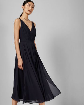 Ted Baker CELEYST V neck georgette midi dress Navy Blue