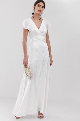 Y.A.S ruffle sleeve jacquard maxi bridal dress white