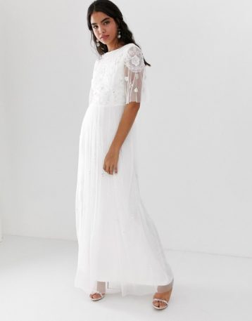 Amelia Rose embellished maxi dress with sheer sleeve in off white