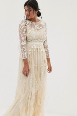 Amelia Rose vintage ruffle maxi dress with soft baroque embellishment cream