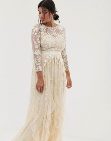 Amelia Rose vintage ruffle maxi dress with soft baroque embellishment cream