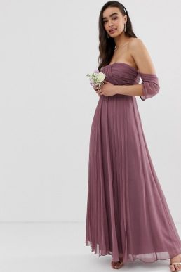 ASOS DESIGN Bridesmaid bardot ruched pleated maxi dress Dusty Purple