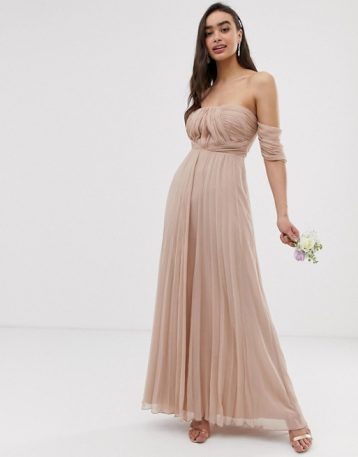 ASOS DESIGN Bridesmaid bardot ruched pleated maxi dress Soft blush