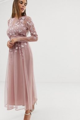 ASOS DESIGN long sleeve embroidered midi dress Blush Pink