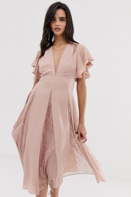 ASOS DESIGN midi dress with lace godet panels blush pale pink