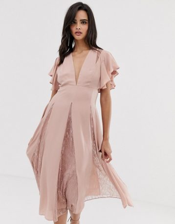 ASOS DESIGN midi dress with lace godet panels blush pale pink